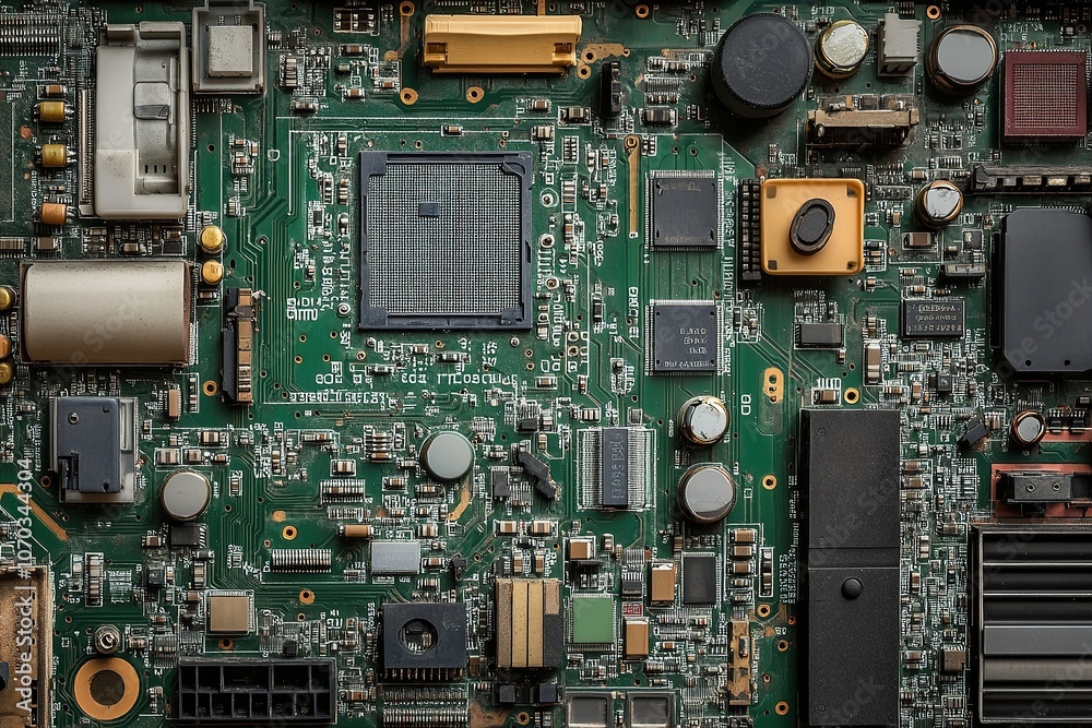 Fototapeta premium Close-up of electronic circuit board with capacitors and chips.