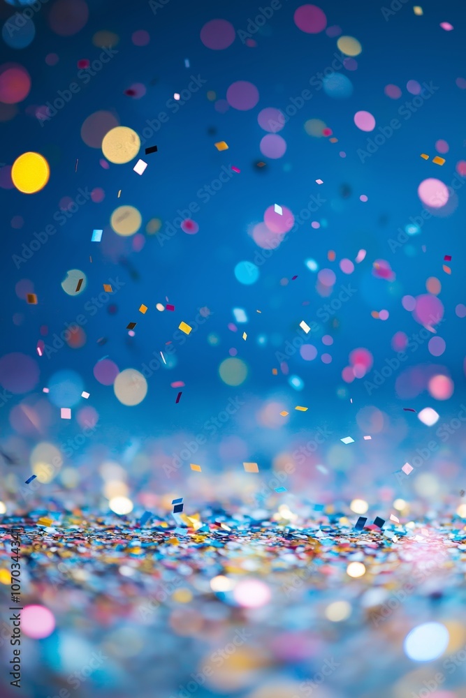 Brightly colored confetti pieces are captured mid-air, creating a joyful and dynamic visual against a blue backdrop.