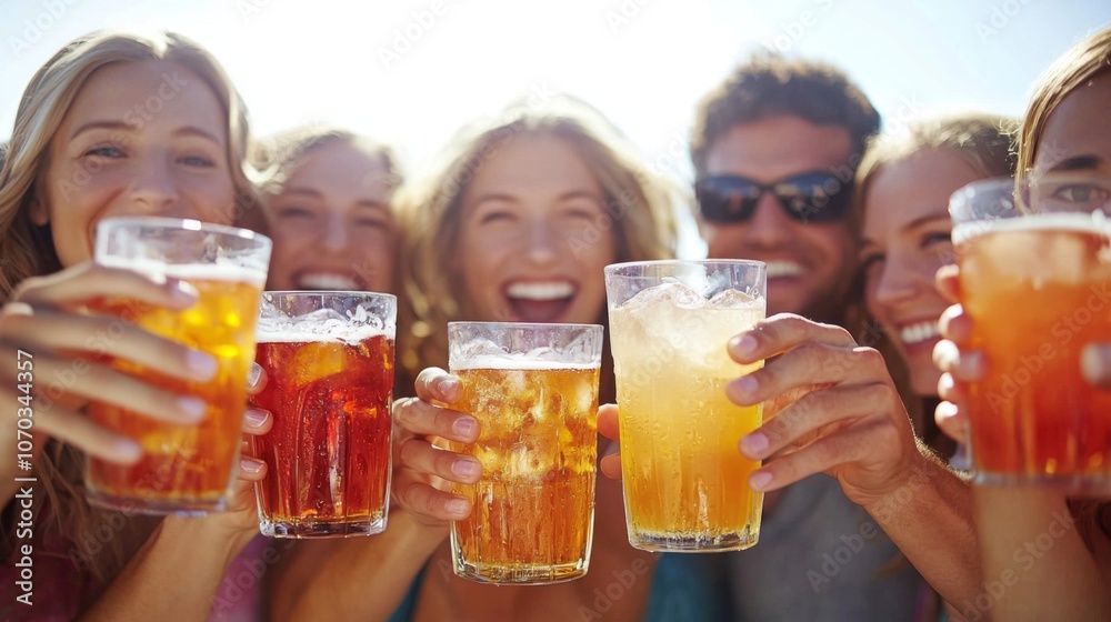 Fototapeta premium Friends celebrating and cheering with drinks game day atmosphere
