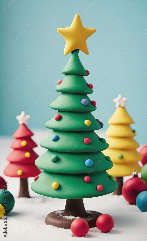 Ein verspielter Weihnachtsbaum aus Modelliermasse mit bunten Kugeln und einem gelben Stern, begleitet von weiteren farbenfrohen Bäumen. Kreativ und festlich. Generative KI. Ein verspielter Weihnachtsbaum aus Modelliermasse mit bunten Kugeln und einem gelben Stern, begleitet von weiteren farbenfrohen Bäumen. Kreativ und festlich. Generative KI.