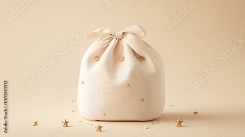 Soft cream Santa bag with tiny golden stars on top on a beige background, subtle decorations photo