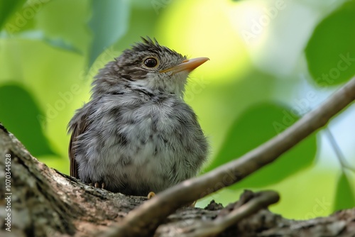 Adorable fluffy bird on a branch, encircled by vibrant green foliage, exuding curiosity and delicate wonder. photo