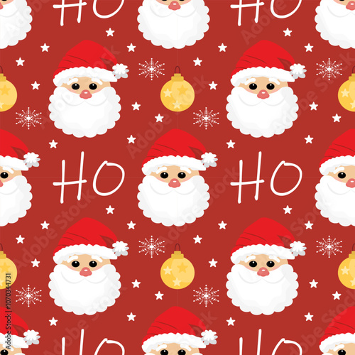 Cute Santa Claus pattern with festive elements, including Christmas ornaments, snowflakes, and 