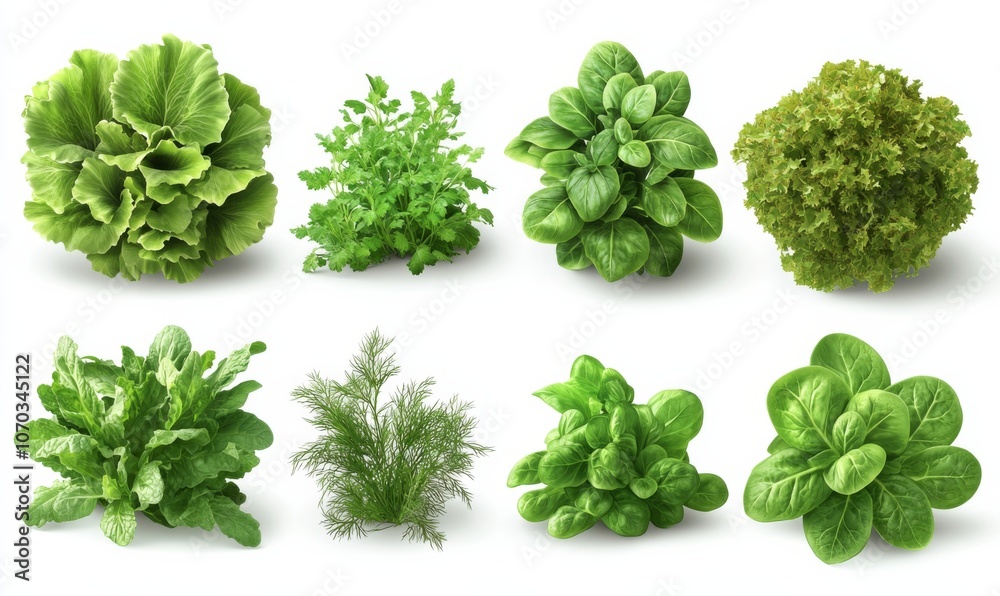 Vegetables, kitchen herb garden, 3d realistic vector set. Cilantro, lettuce, mint, rosemary, dill, basil, arugula, spinach