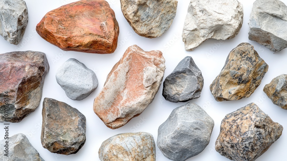 A mix of smooth and jagged rocks is scattered across a white background, their natural details and earthy colors standing out against the bright, clean setting.