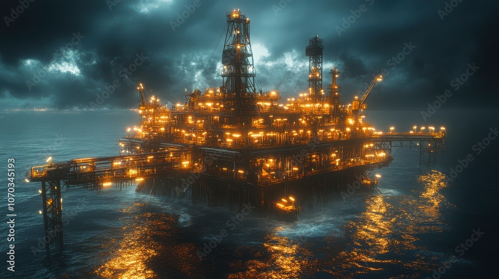 Bright Oil Rig with Strong Artificial Lighting at Night Bright Oil Rig with Strong Artificial Lighting at Night