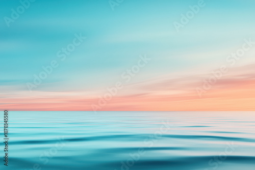 Serene seascape at sunrise or sunset with soft pastel colors in the sky reflecting over calm water. Minimalist composition creates a tranquil, dreamy atmosphere.