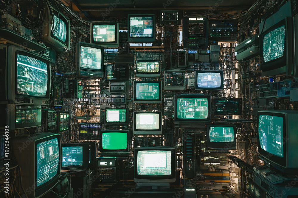 Fototapeta premium A dark room filled with dozens of retro green-screen CRT monitors stacked and glowing displaying different data giving a vintage tech aesthetic 