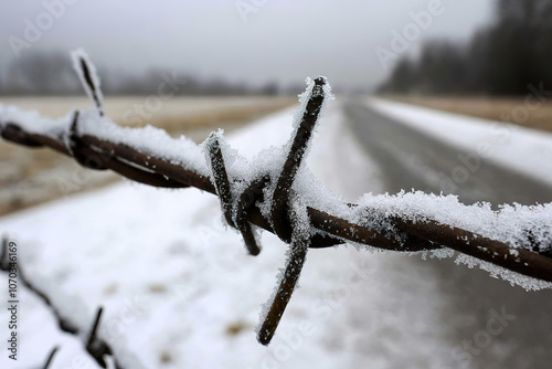 Frost-Covered Barbed Wire Fence in Winter