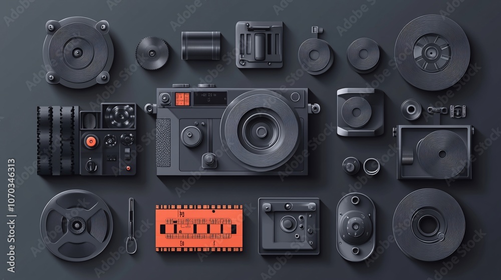 Obraz premium Flat lay of vintage camera parts on dark background.