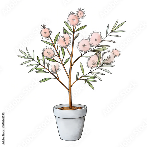 Potted Bottlebrush Plant with Blossoms Illustration for Botanical Art Design