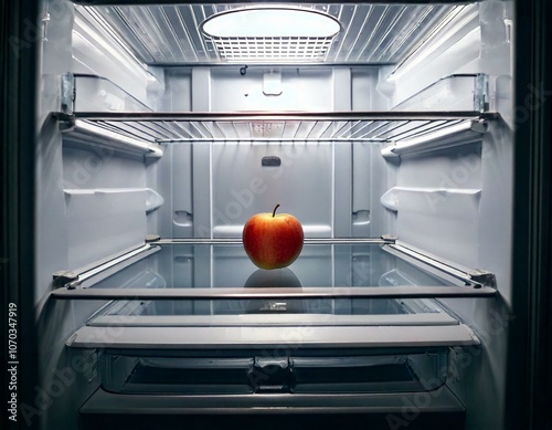 An empty fridge with a single apple photo