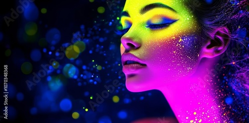 Fashion woman in neon light, portrait of beauty model with fluorescent makeup , isolated on white background, , copy space for text,