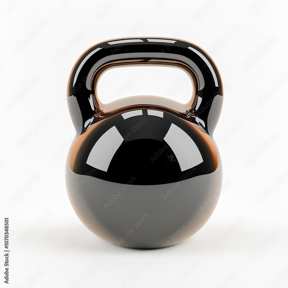 A glossy black kettlebell, designed for strength training, features a sturdy handle and a smooth spherical base