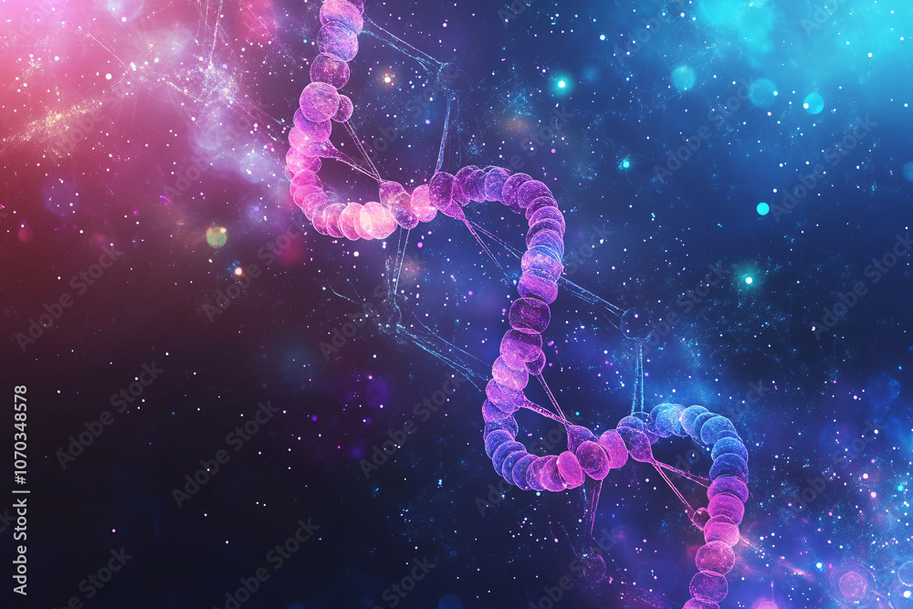 a digital depiction of a glowing DNA helix in pink and blue set against a cosmic backdrop with sparkling stars and particles
a digital depiction of a glowing DNA helix in pink and blue set against a cosmic backdrop with sparkling stars and particles