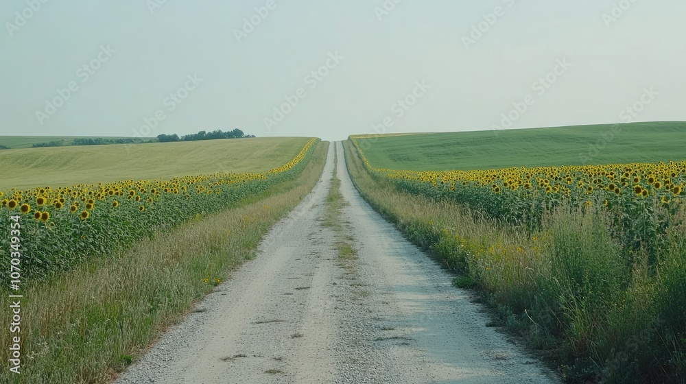 Fototapeta premium Scenic Rural Road Surrounded by Sunflowers