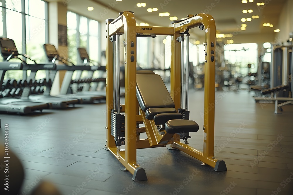 A yellow weight machine in a gym, designed for strength training exercises. A yellow weight machine in a gym, designed for strength training exercises.
