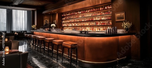 Elegant And Luxurious Interior Empty Bar Counter With Bar Stools And Spirits Bottles On Shelves photo