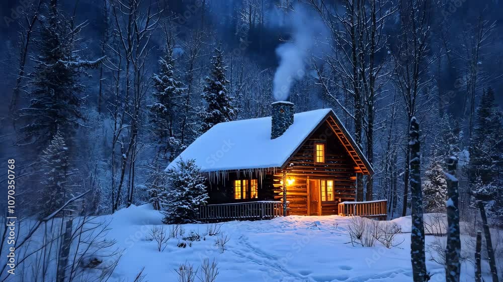 Smoke rising from chimney of log cabin in snowy woods Smoke rising from chimney of log cabin in snowy woods