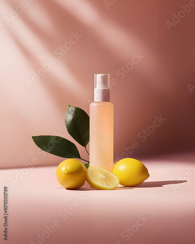 A transparent spray bottle placed next to fresh lemons, creating a refreshing and natural vibe. The simplicity of the clear bottle pairs perfectly with the vibrant yellow lemons, evoking a sense of fr photo