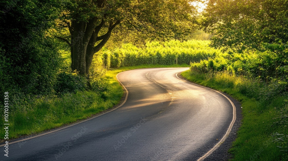 Serene Curved Road Through Lush Greenery Serene Curved Road Through Lush Greenery