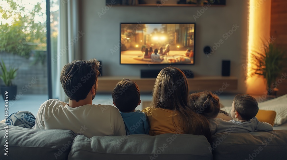 Family seated living room couch relaxed watching television cozy evening. AI generated