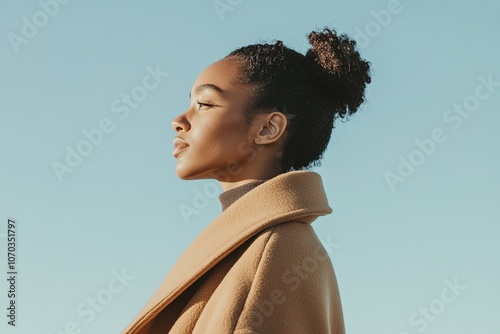 Elegant young woman poses in a stylish coat against a clear blue sky during golden hour. Generative AI