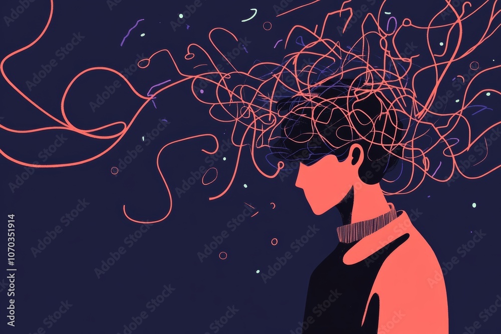 person surrounded by floating intrusive thoughts and words, visualizing ...