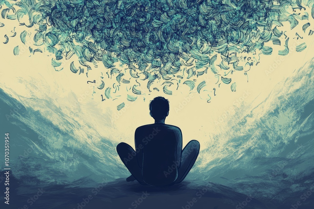 person surrounded by floating intrusive thoughts and words, visualizing ...