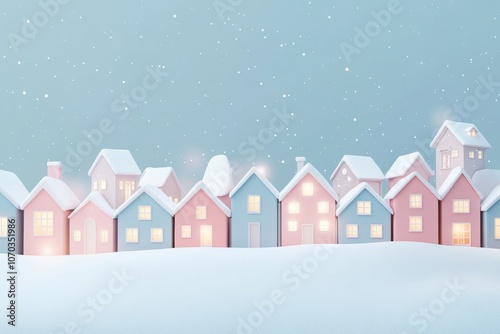 pastel pink light blue color Christmas village with snow-covered rooftops, light-colored homes, and soft glowing windows, minimal background with copy space