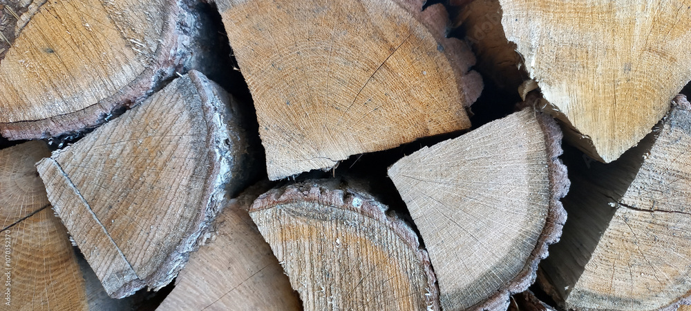 Naklejka premium Natural Stack of Split Firewood for Winter Preparation. Wooden background