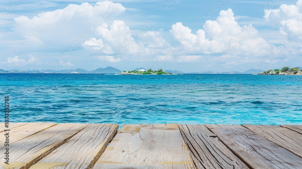 Fototapeta premium Calm sea horizon view from a weathered wooden platform, evoking tranquility