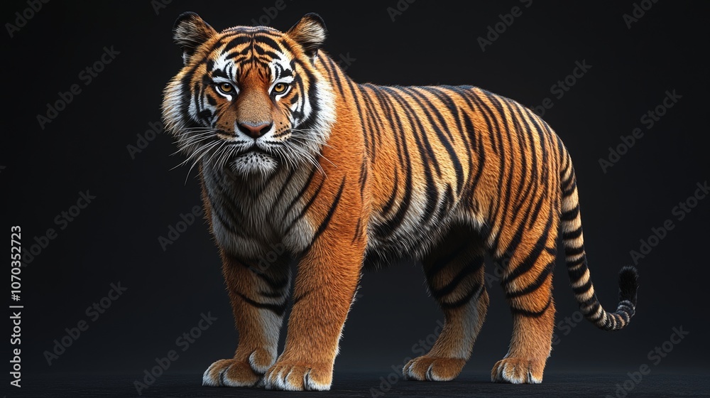 Obraz premium Studio lighting illuminates the muscular frame of a majestic tiger, whose intense gaze captivates viewers.