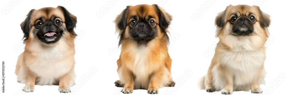 Trio of cute and happy Pekingese Pug and Tibetan Spaniel puppies sitting and looking directly at the with friendly smiling expressions These small Trio of cute and happy Pekingese Pug and Tibetan Spaniel puppies sitting and looking directly at the with friendly smiling expressions These small