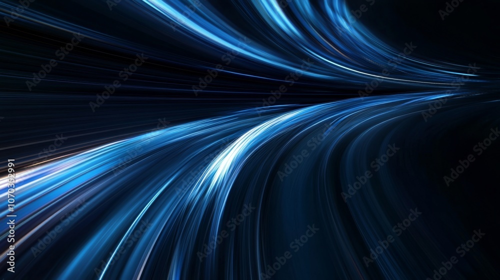 Abstract Blue and Black Light Trails Background, Futuristic Neon Digital Art, Speed and Movement