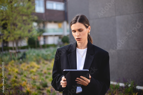 Serious, elegant businesswoman standing on the street hold tablet. Success coming with hard work. Young proud woman with low ponytail wear suit on a street watch at tablet.