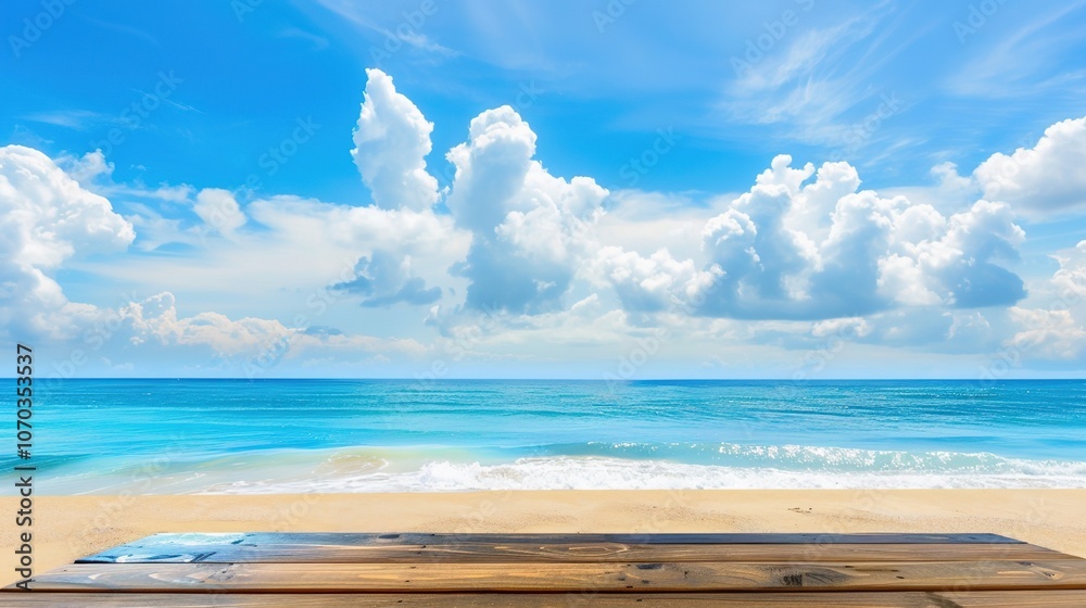 Fototapeta premium Calm sea horizon view from a weathered wooden platform, evoking tranquility