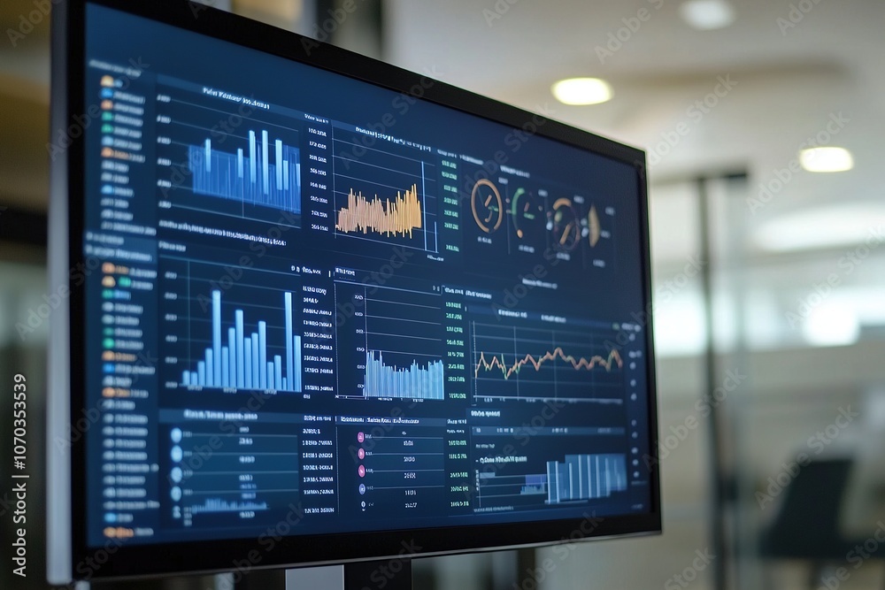 Financial data and analytics on large desktop monitor. Financial data and analytics on large desktop monitor.