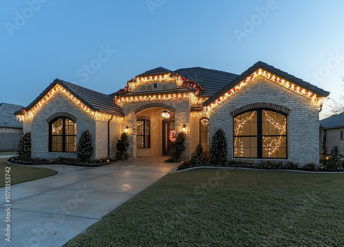 A beautiful house decorated with Christmas lights, with white walls and a roof covered in snow, surrounded by trees and shrubs. The scene is illuminated by the warm light of festive decorations on its