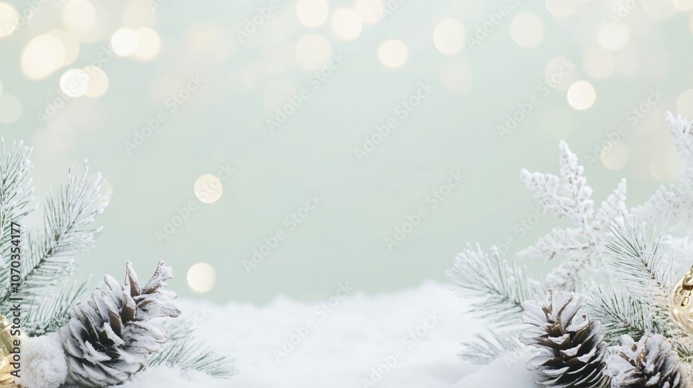 Light green pastel rustic Christmas background with pine cones, delicate snow, and warm holiday lights. Perfect website banner header with ample white space for text or seasonal design elements, evoki