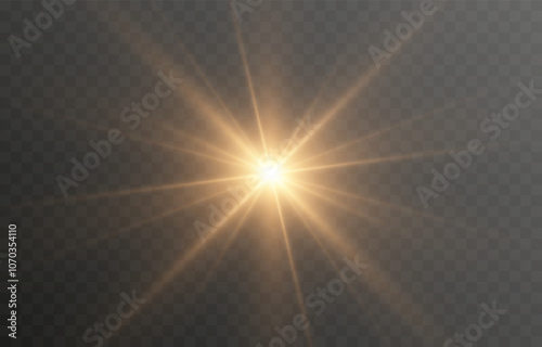 Vector sun light with glare. Golden flash png. Sun rays png. Glare from the sun, dawn, light effect.