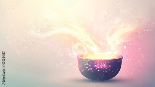 Magic potion is brewing in a cauldron with golden light and sparkles photo