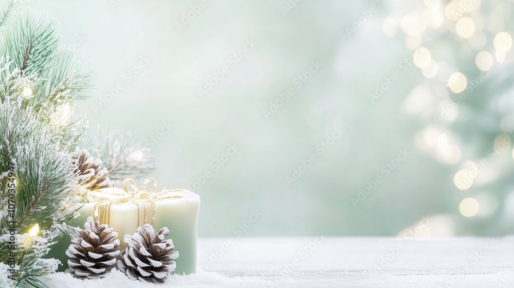 Light green pastel rustic Christmas background with pine cones, delicate snow, and warm holiday lights. Perfect website banner header with ample white space for text or seasonal design elements, evoki