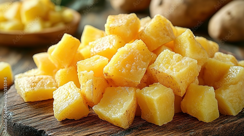 Close-up of Diced Potatoes on a Wooden Cutting Board Close-up of Diced Potatoes on a Wooden Cutting Board