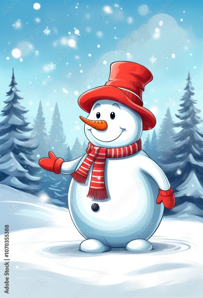 Ein lächelnder Schneemann mit rotem Hut, Schal und Handschuhen steht im verschneiten Winterwald unter fallenden Schneeflocken. Generative KI. Ein lächelnder Schneemann mit rotem Hut, Schal und Handschuhen steht im verschneiten Winterwald unter fallenden Schneeflocken. Generative KI.