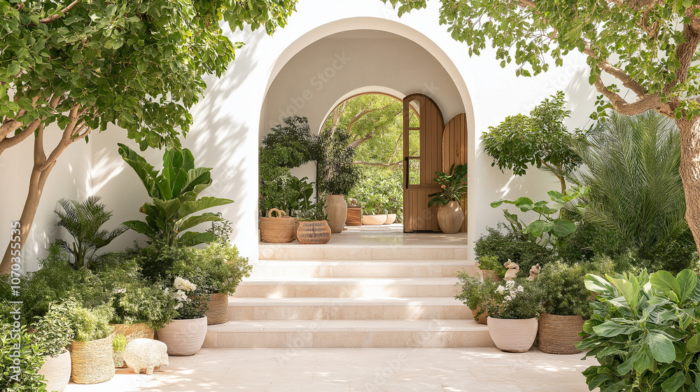 Serene Oasis Entrance: Steps leading to an arched entryway of a Mediterranean-style home, surrounded by lush greenery and terracotta pots. A tranquil scene evoking peace and luxury. Serene Oasis Entrance: Steps leading to an arched entryway of a Mediterranean-style home, surrounded by lush greenery and terracotta pots. A tranquil scene evoking peace and luxury.