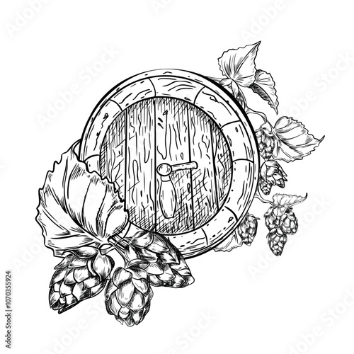 Wooden beer barrel black white vector graphic illustration isolated. Cone hops and humulus vine, barrel with tap monochrome composition painted for design packaging, beer festival, label, menu