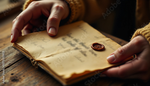 A person holding an antique letter sealed with wax on a rustic wooden table in a cozy setting with warm lighting