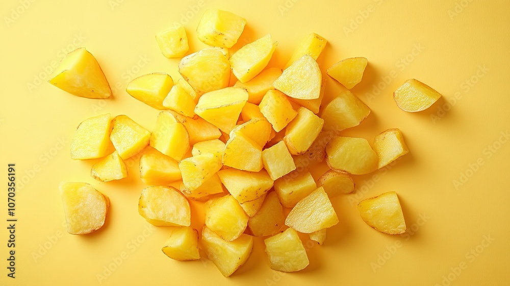 A Scatter of Peeled and Sliced Yellow Potatoes on a Yellow Background A Scatter of Peeled and Sliced Yellow Potatoes on a Yellow Background