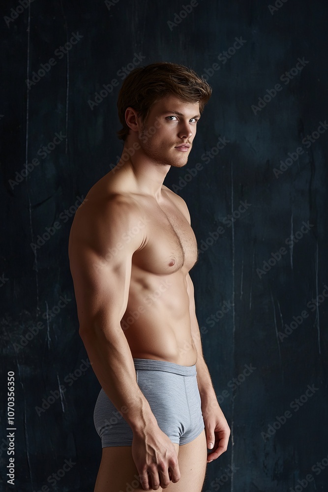 Fototapeta premium Male Model in Gray Boxer Briefs Against Dark Background
